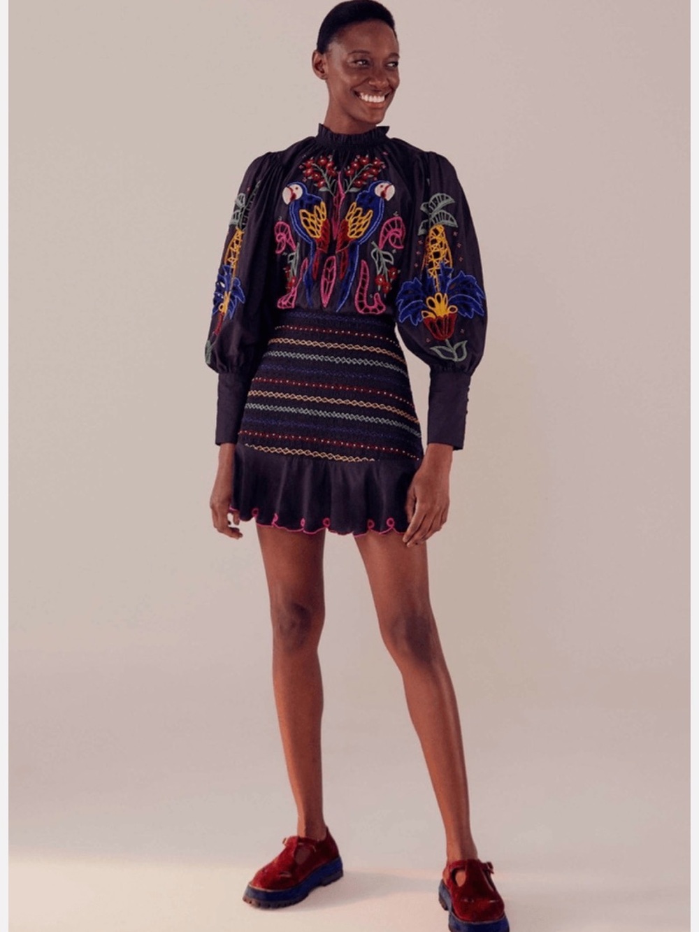 Farm Rio Embroidered Beaded Black Mini Dress Colorful Floral Motif EUC S LUXURY